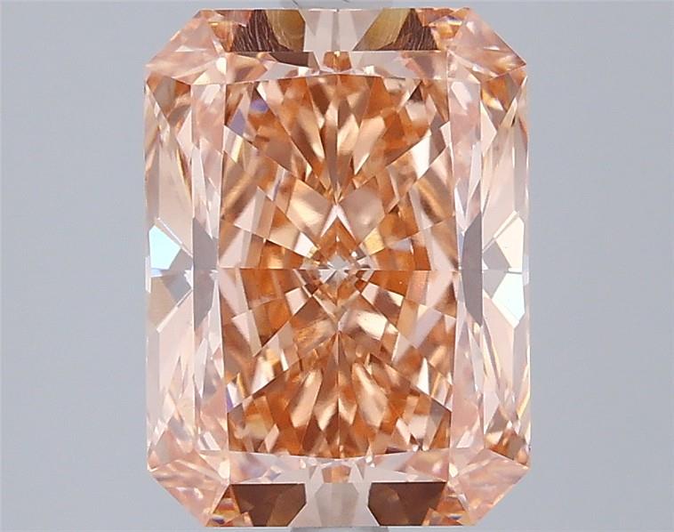 Actual 3.01 carat Fancy Intense Orangy Pink Radiant lab-grown diamond
